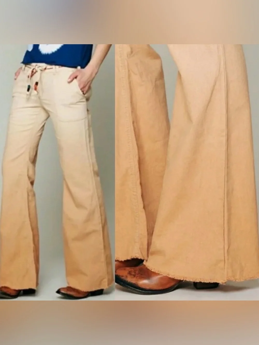 Free People Ombré Linen Blend Flare Bootcut Boho Pants Tan / Orange Rust Size 6